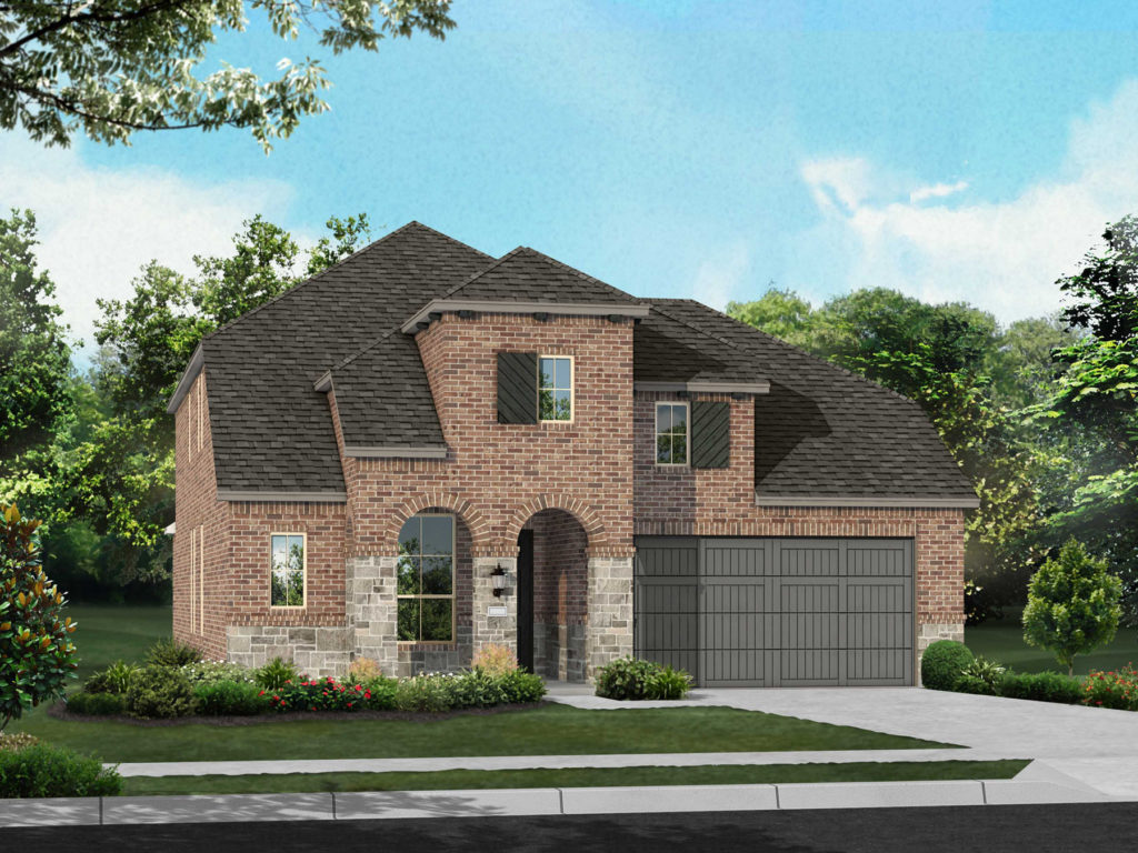 A rendering of a new brick home with a garage near a lake.
