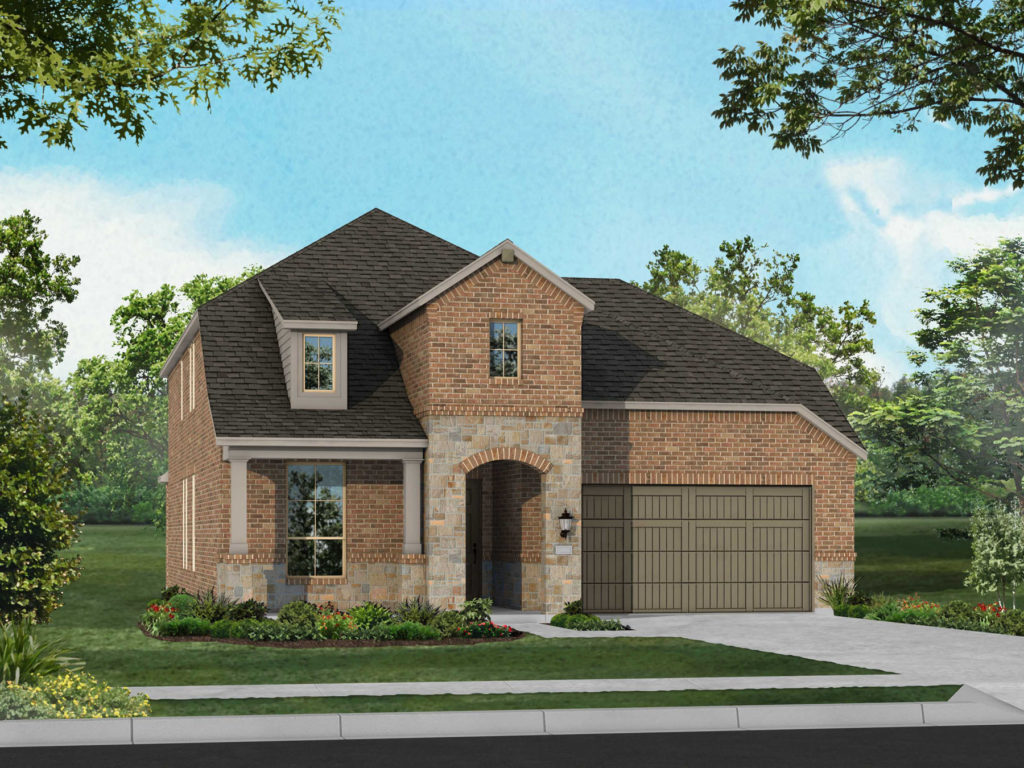 A rendering of a new two story home surrounded by nature, with a garage.