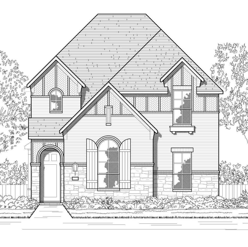A black and white drawing of a home nestled in nature.