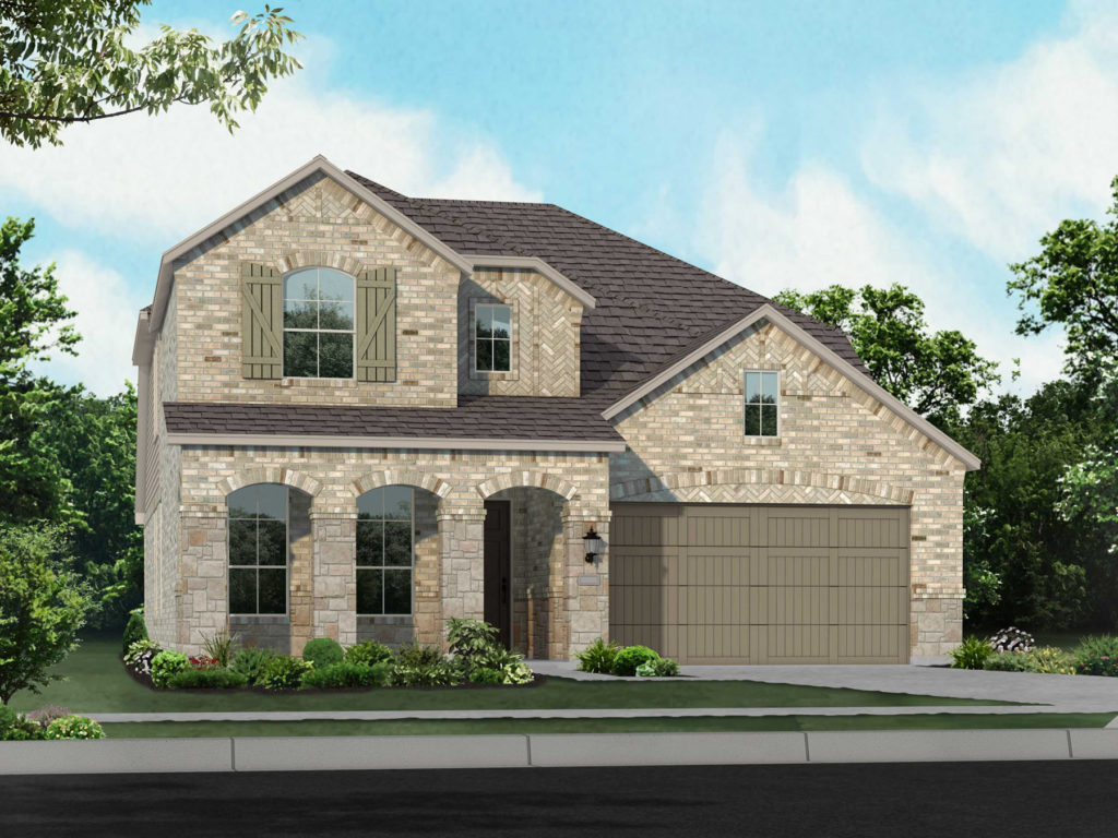 A rendering of a two-story home in McKinney, featuring a beautiful view of the lake.