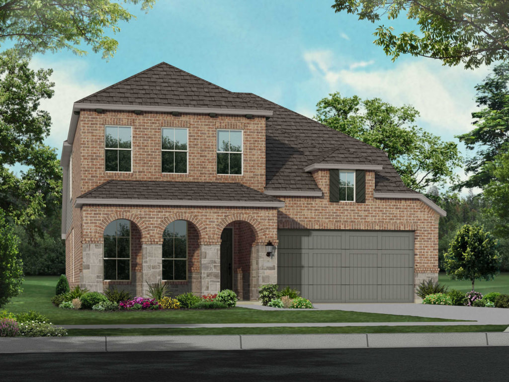 A rendering of a brick home in McKinney with a garage.