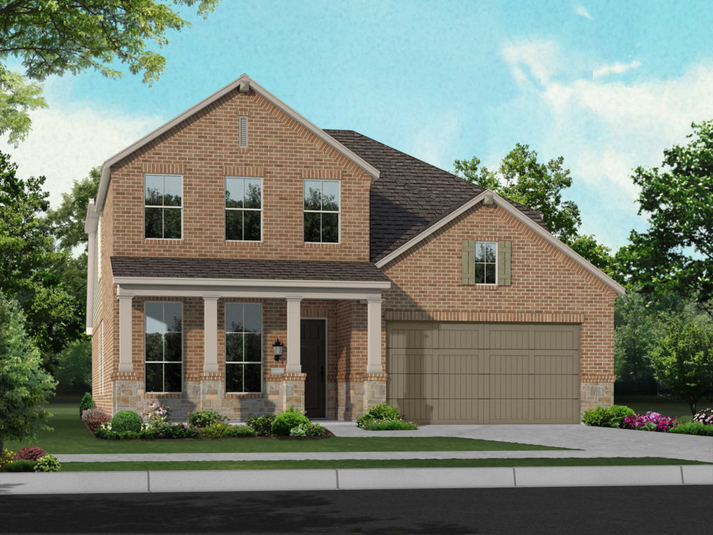 A rendering of a new two-story home in Texas with a garage.