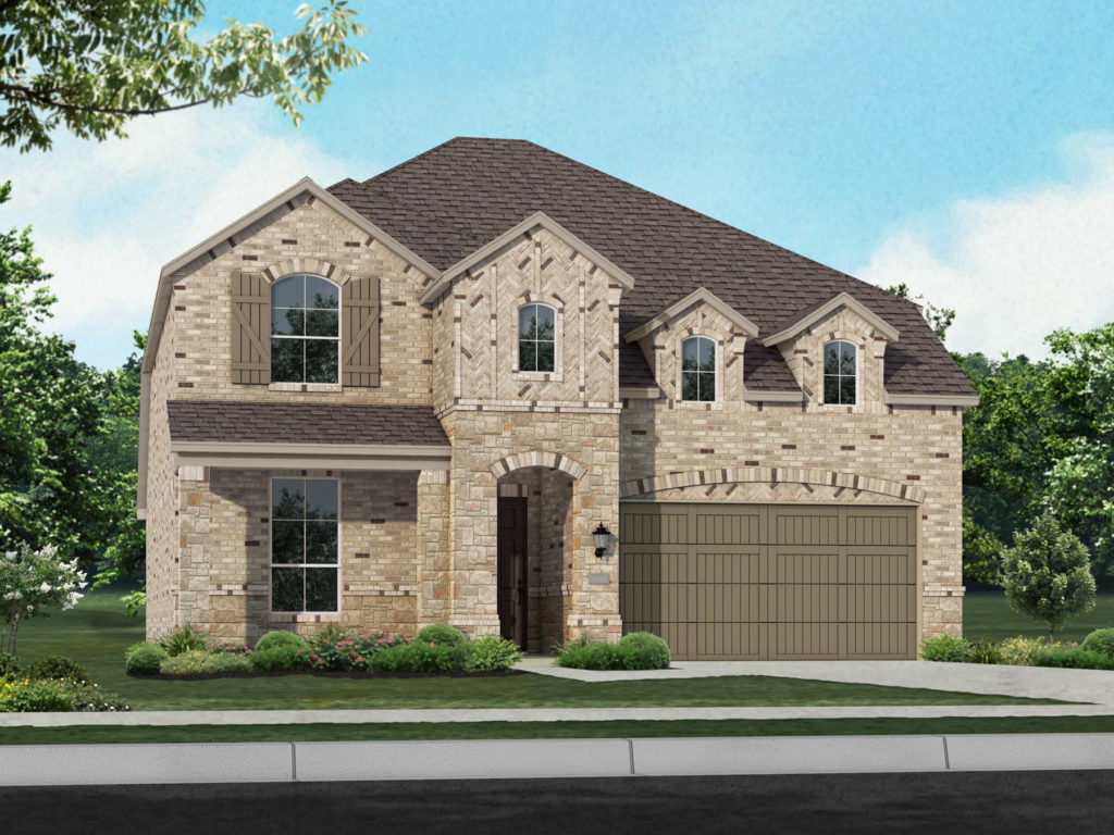 A rendering of a two-story home with a garage nestled near a serene lake in Texas.