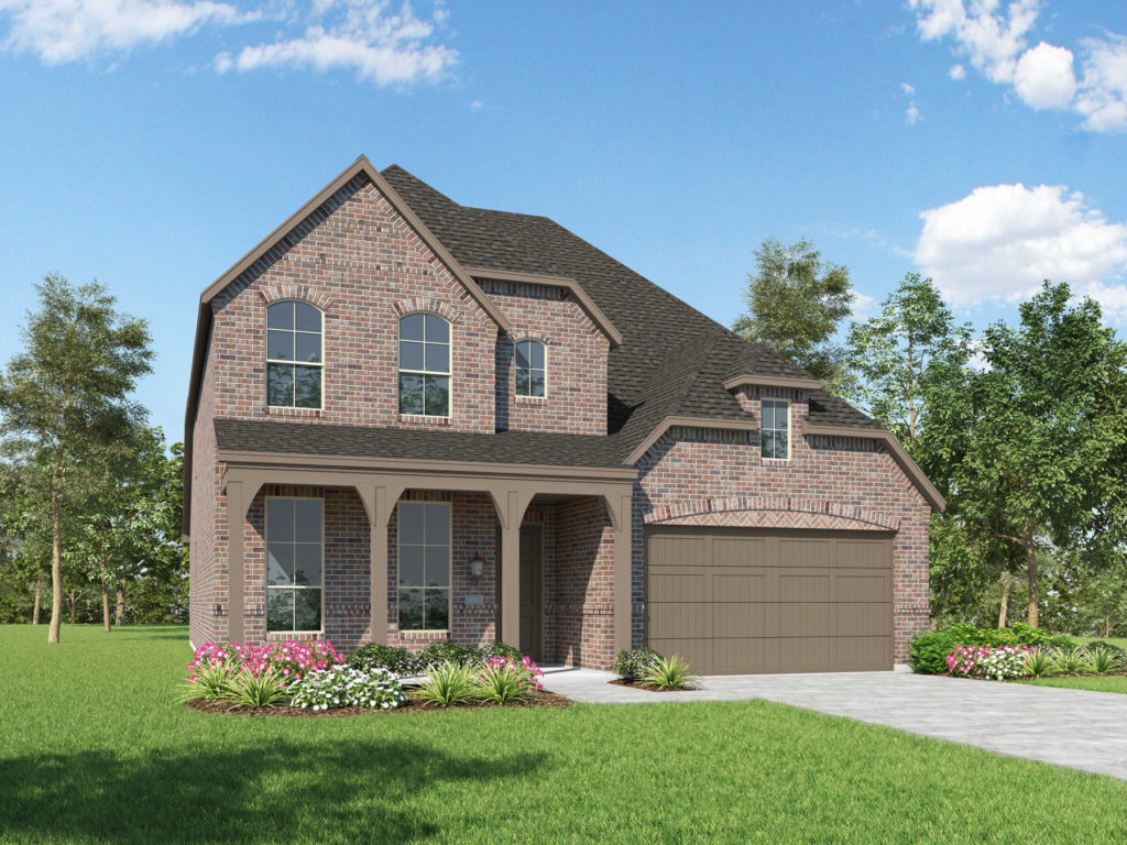 A rendering of a two-story home with a garage nestled in the serene nature of Texas.