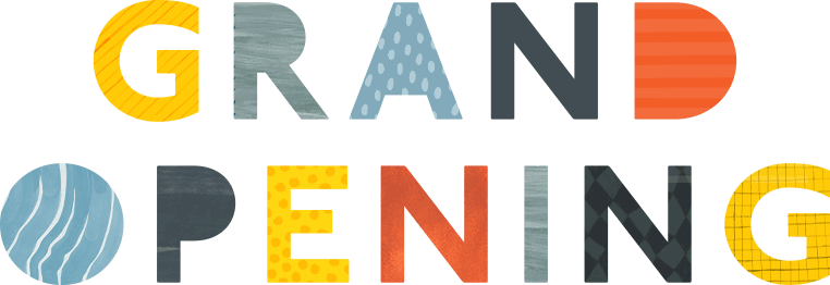 A vibrant logo featuring the words "grand opening" and inspired by the beauty of lakes and trails.