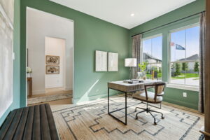 A modern home office with green walls, a large window, a dark wood desk, a brown chair, and a patterned rug. An American flag is visible outside in TX.