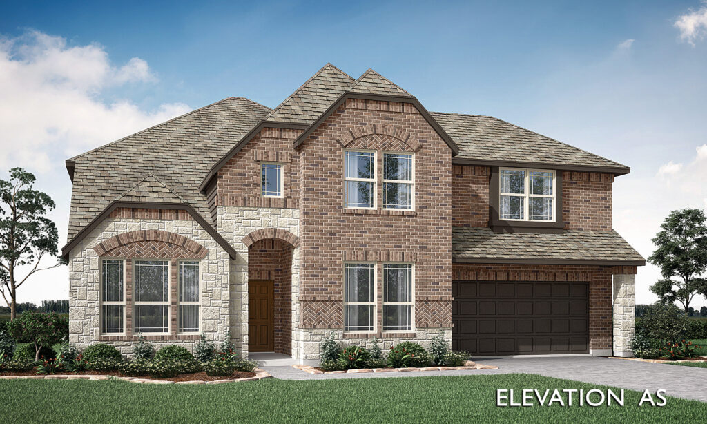 A digital rendering of a new home by Bloomfield Homes, featuring a two-story brick house in McKinney with a pitched roof, arched entrance, and attached garage labeled "elevation a5.