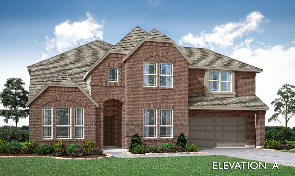Digital rendering of a new home in McKinney, TX, featuring a two-story brick structure with a gabled roof, multiple windows, and an attached garage, labeled "elevation a".