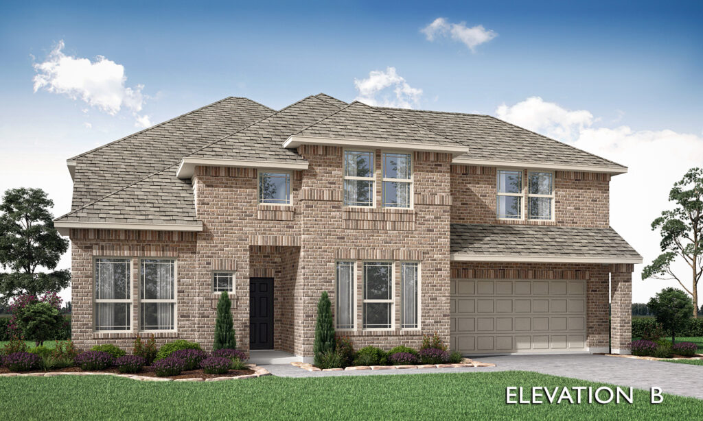 New two-story brick house by Bloomfield Homes with a double garage and landscaped front yard under a clear sky, labeled "elevation b.