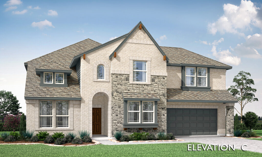 Illustration of a new home by Bloomfield Homes, featuring a two-story structure with a stone facade, arched entryway, and attached two-car garage, labeled "elevation c," TX.