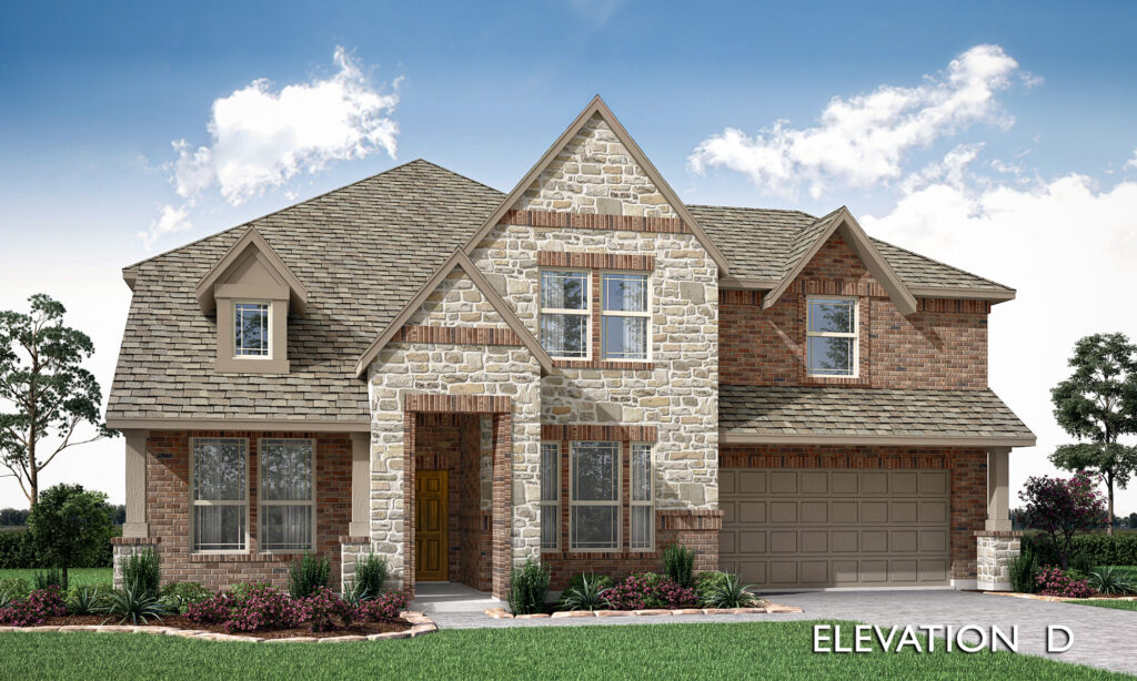 Digital rendering of a new home in McKinney featuring a two-story house with stone and brick facade, complete with a garage and manicured lawn, labeled "elevation d" by Bloomfield Homes.