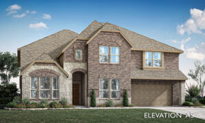 A two-story brick house by new home builders in McKinney, TX, features a two-car garage, stone accents, and a landscaped front yard under a blue sky. Text reads "ELEVATION AS".