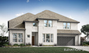 This two-story brick house in McKinney's Painted Tree community features a gabled roof, multiple windows, a wooden front door, and a two-car garage. It’s labeled as "Elevation B" in the bottom right corner.