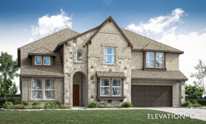 This two-story brick house, nestled within the charming Painted Tree community in McKinney, features an arched entrance, multiple windows, and a double garage. Labeled "Elevation C," it's perfectly situated near top-rated schools in McKinney.