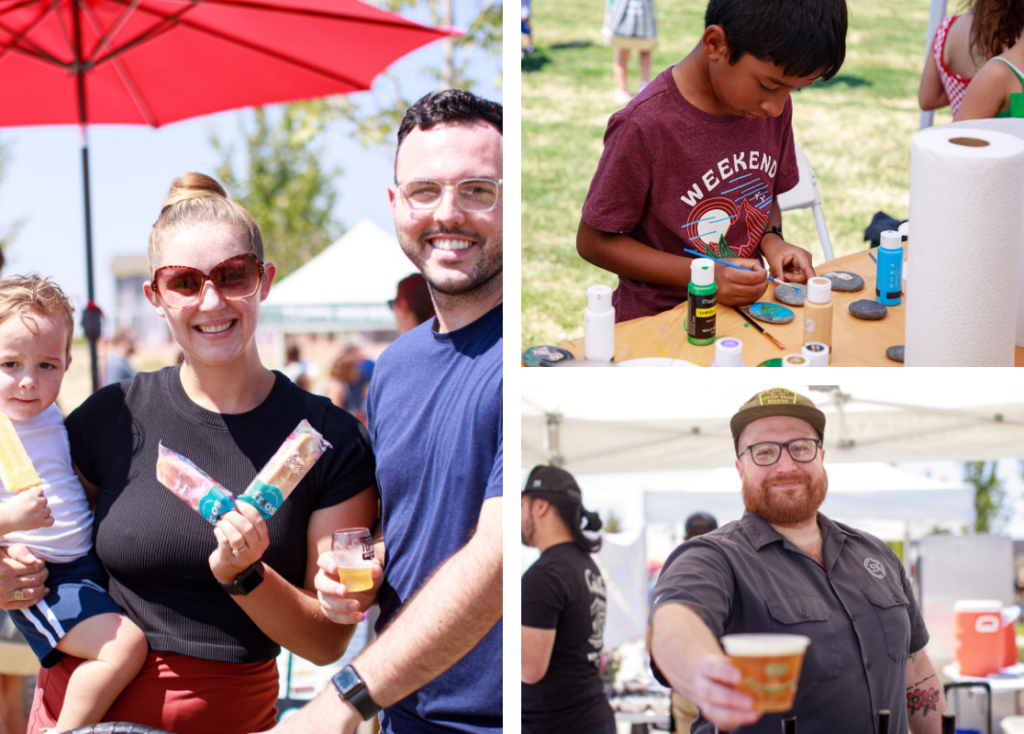 Collage of summer fair scenes: a family enjoying ice cream, a child painting crafts, and a man happily holding a beer at a festival.