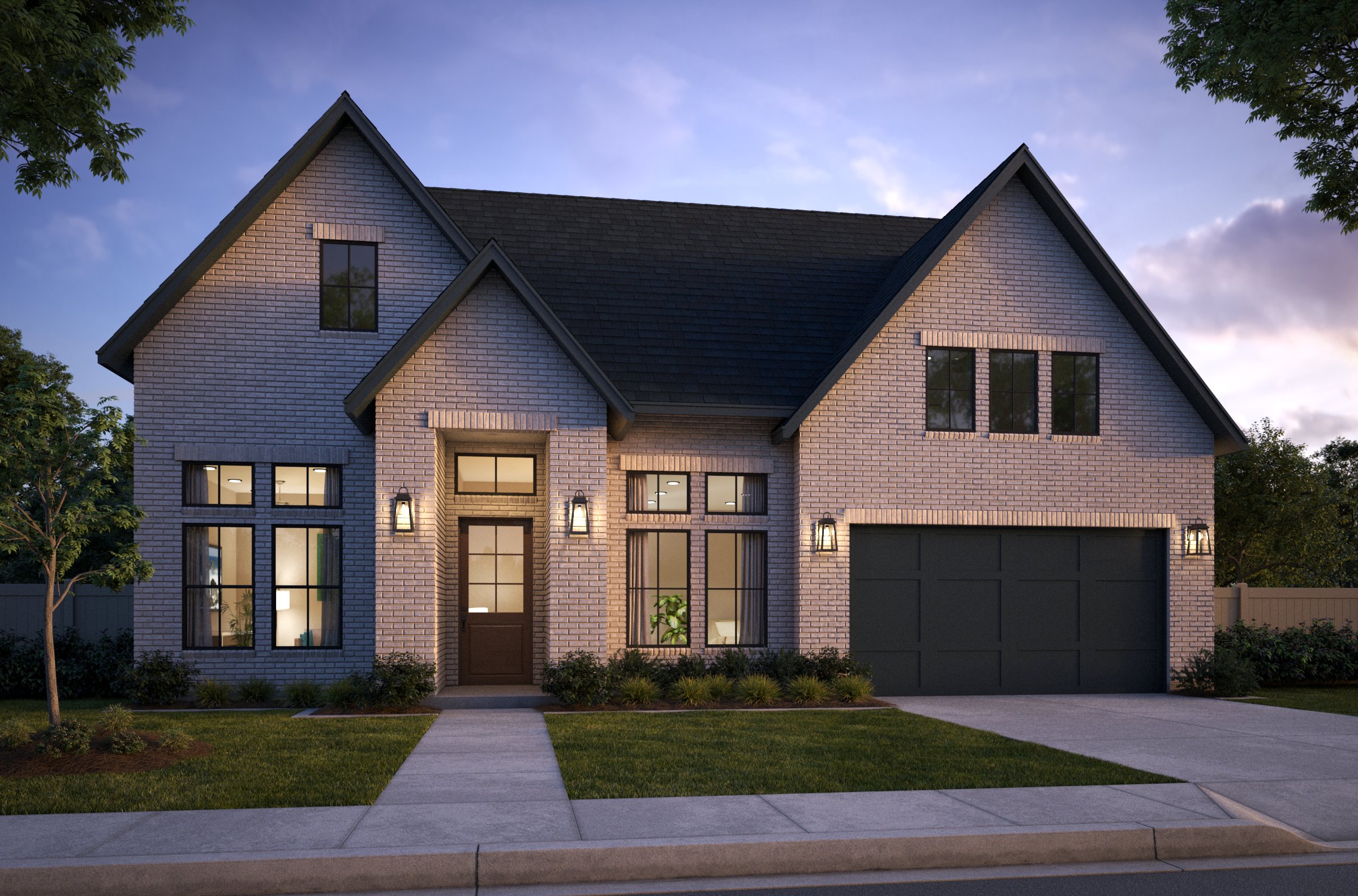 A modern suburban house by Southgate Homes in McKinney boasts a brick exterior, large windows, and a dark roof. With a ranch floorplan, it features a well-maintained front yard and two-car garage, beautifully lit at dusk.