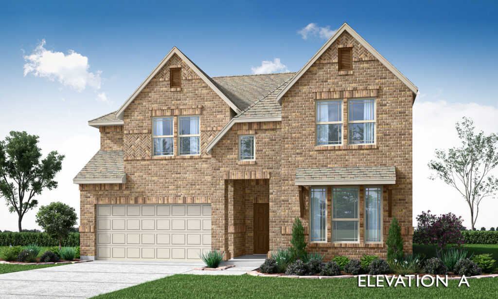 A two-story brick house by Bloomfield Homes with a double garage, multiple windows, and a landscaped front yard in McKinney, TX, sits under a partly cloudy sky. The text "Elevation A" appears in the lower right corner.