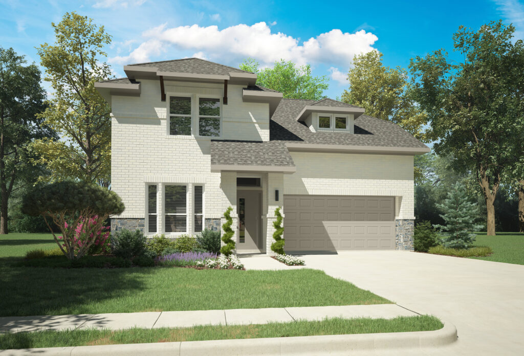 This modern two-story house in McKinney, TX, by Trophy Signature Homes features a light brick exterior, gray roof, and a two-car garage. It's beautifully surrounded by lush lawn and trees under a clear blue sky.