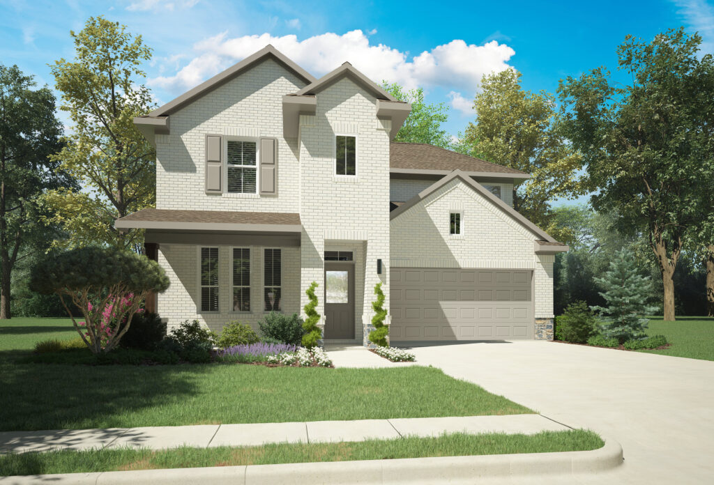 The two-story suburban house boasts a charming brick exterior, courtesy of Trophy Signature Homes. It features a two-car garage and a beautifully landscaped front yard, set against the serene backdrop of Painted Tree in TX, with tall trees and a clear blue sky enveloping the scene.