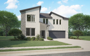 Modern two-story house with white brick and stone facade, large windows, and a dark garage door, nestled in the new homes community of Painted Tree in McKinney. Surrounded by a lush lawn and trees under a clear blue sky.