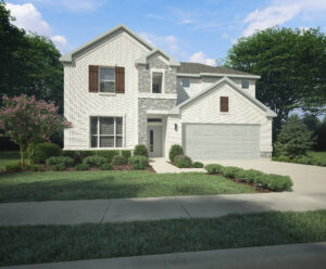 This modern two-story white brick house by Trophy Signature Homes in TX features a two-car garage and is surrounded by a neatly manicured lawn and trees under a clear sky, offering an exceptional example of new homes with elegance and style.