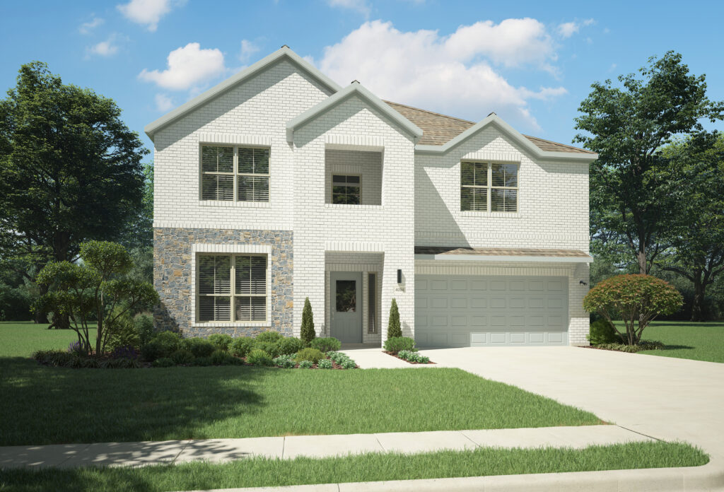 This two-story white brick house by Trophy Signature Homes features a two-car garage and is nestled in the vibrant community of McKinney. Surrounded by a green lawn, trees, and adorned with stone accents, it offers picturesque living under a clear blue sky. Perfect for those seeking new homes.