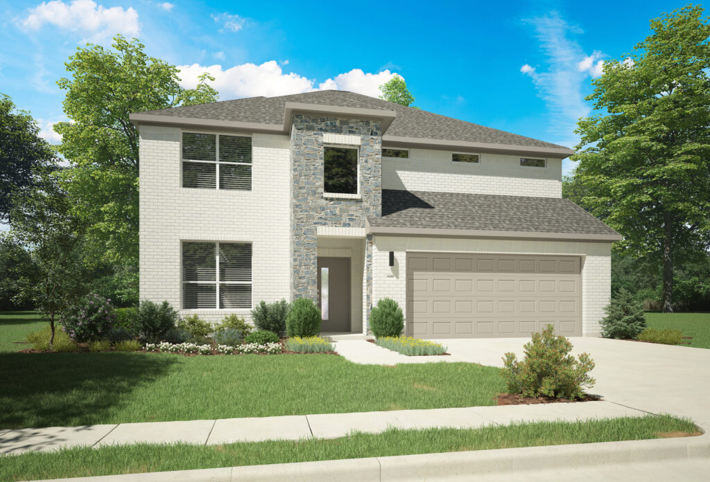 A two-story white brick house designed by Trophy Signature Homes features a stone accent wall and a two-car garage, nestled in McKinney. It's surrounded by grass and small shrubs under a clear blue sky, embodying the charm of new homes with impeccable style.