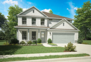 This two-story white brick house in McKinney showcases a gray garage door, a lovely front lawn, and is surrounded by trees. Nestled under a clear blue sky, it represents one of the new homes in the Painted Tree community.