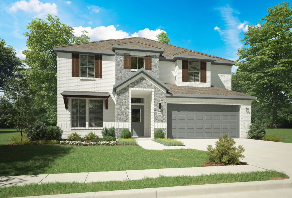 This new home in TX features a two-story design with a charming mix of brick and stone facade, gray garage door, and brown shutters. Nestled in the scenic Painted Tree community, it's surrounded by lush grass, shrubs, and trees under a clear blue sky.