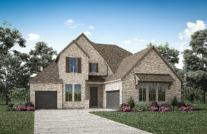 A two-story brick house by Drees Custom Homes in McKinney, TX, features two garages, a paved driveway, and a landscaped front yard under a clear blue sky.