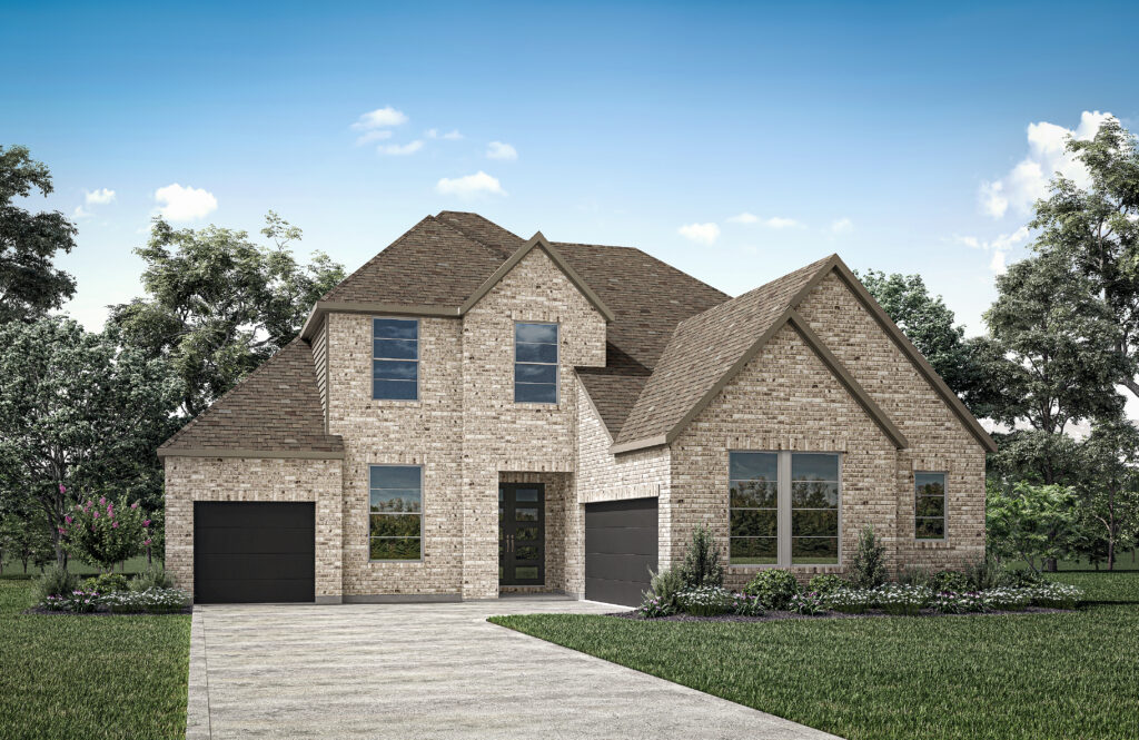 A two-story brick house by Drees Custom Homes with a three-car garage, surrounded by trees and a lush lawn, sits under the clear blue sky in the serene Painted Tree neighborhood of McKinney.