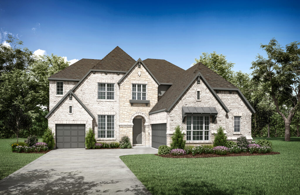 A large two-story stone house with a dark roof, multiple gables, and three garages sits amidst the tranquil beauty of Painted Tree. Surrounded by lush greenery and a clear blue sky, it's an exquisite example of new homes McKinney offers through Drees Custom Homes.