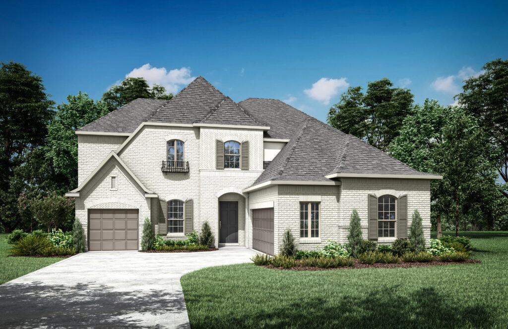 A two-story brick house with a gray roof, nestled in the Painted Tree community, is surrounded by greenery under a blue sky with scattered clouds. Discover new homes in McKinney, TX, where comfort meets charm.