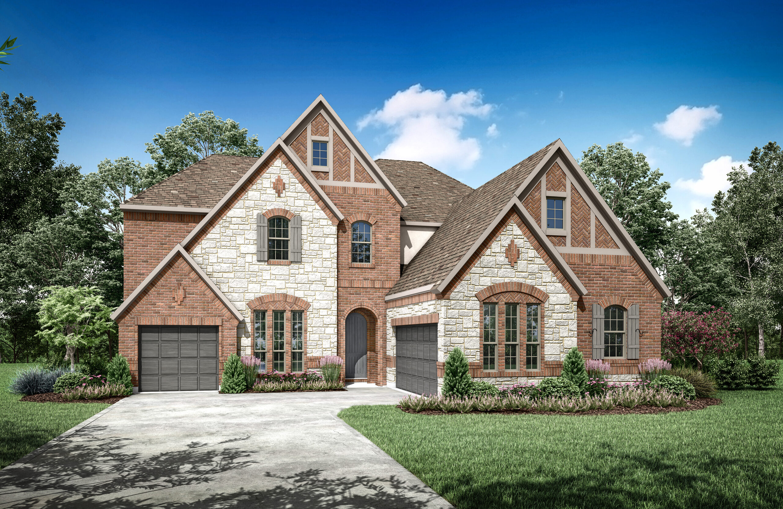 Front view of a two-story Drees Custom Home in McKinney, featuring brick and stone, with a three-car garage and triangular rooflines. The landscaped yard of this Painted Tree residence is set against a blue sky with scattered clouds.