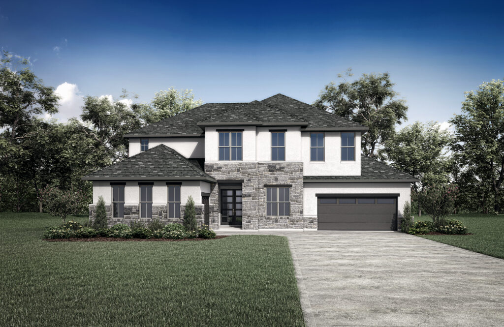 This charming two-story house in Painted Tree, McKinney, TX, boasts a stone and stucco exterior, gabled roof, and attached garage. Nestled among lush greenery and trees under a clear blue sky, it offers an inviting setting for new homes in this vibrant community.