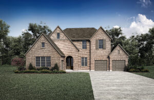 A two-story brick house by Drees Custom Homes boasts a gable roof, twin garage doors, and a paved driveway. The neatly trimmed lawn is nestled within Painted Tree, surrounded by trees and bushes under a clear blue sky.