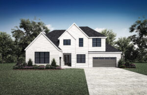 A Drees Custom Homes masterpiece, this two-story white brick house in TX features a dark roof and is nestled amid Painted Tree surroundings. A concrete driveway leads to a double garage, completing the serene scene.