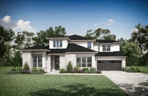 A two-story modern house in Painted Tree, TX, with large windows, a stone facade, and a black roof is surrounded by a lush green lawn and trees. A driveway leads to the two-car garage on the right, epitomizing the charm of new homes McKinney offers.