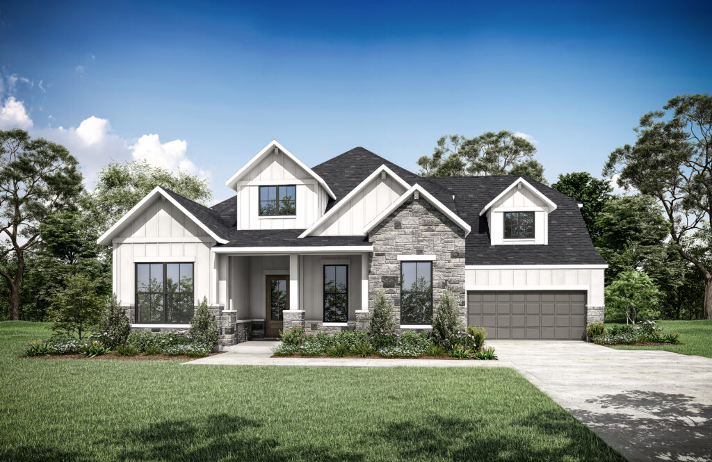 Discover this modern Drees Custom Home in McKinney, TX, featuring a stone and siding exterior, dark roof, large windows, and a two-car garage. It's nestled amidst a neatly landscaped garden with a driveway and trees in the background, offering both elegance and comfort.