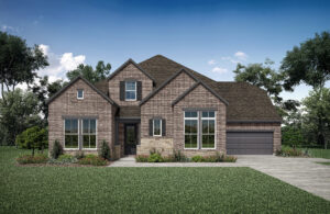 A two-story brick house by Drees Custom Homes featuring large windows, a double garage, and a landscaped front yard sits under TX's clear blue sky in the vibrant Painted Tree community.