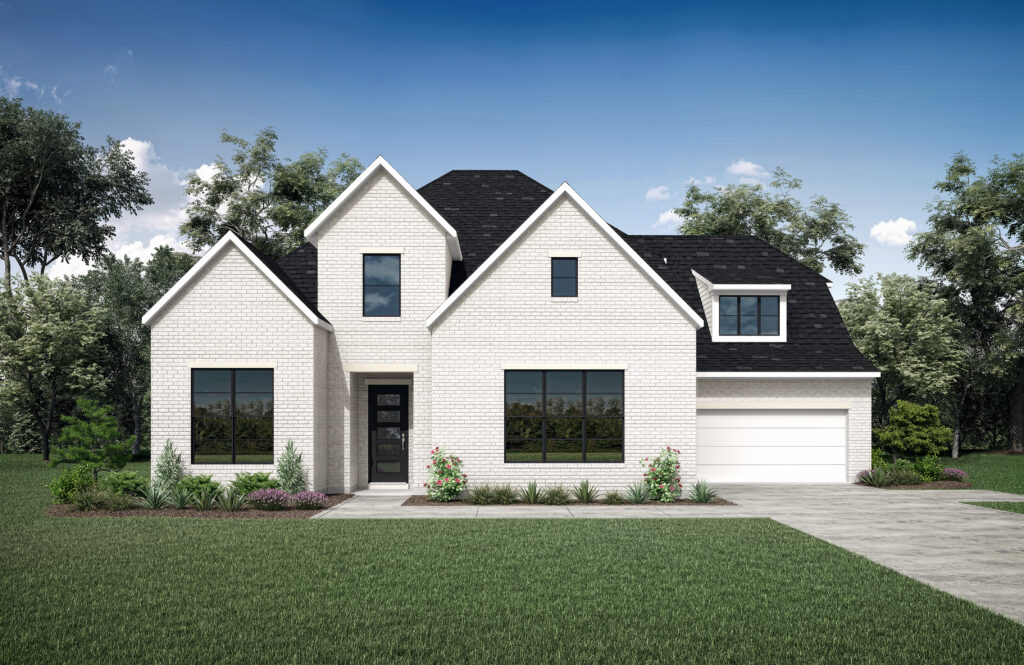 This modern two-story white brick house by Drees Custom Homes in TX features a sleek black roof, large windows, and a spacious two-car garage. Nestled in the scenic Painted Tree community, it's surrounded by lush green lawns and mature trees.