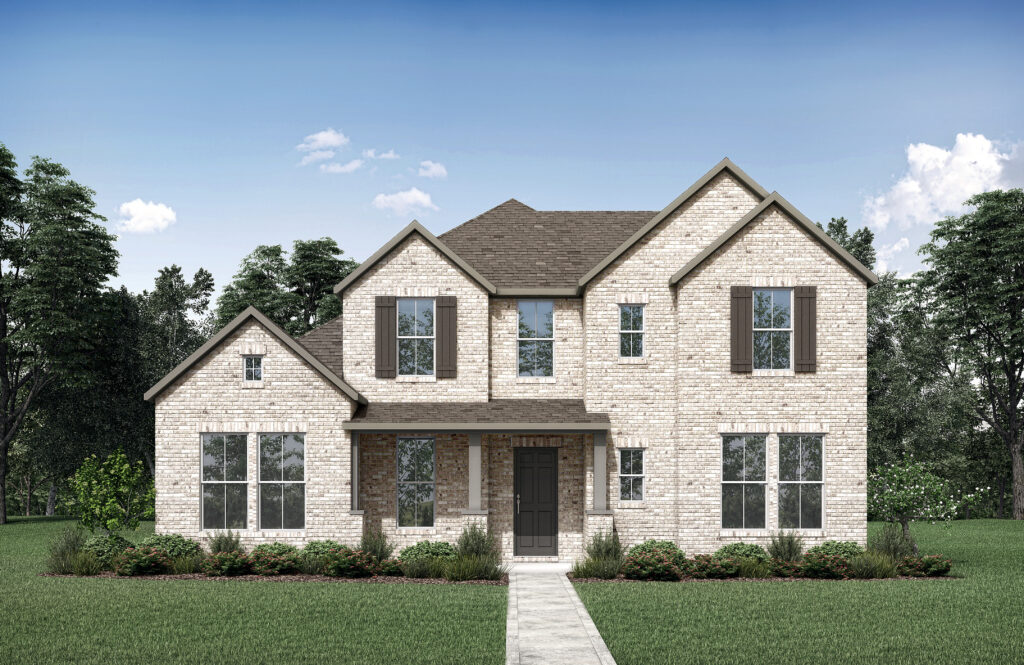 A two-story brick house with dark shutters and a central front door, crafted by Drees Custom Homes, is surrounded by lush grass and trees under the expansive TX blue sky. Perfect for those seeking new homes in McKinney.