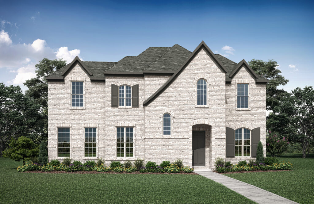 This Drees Custom Homes two-story brick house, with its dark roof and shutters, is fronted by a lush lawn and pathway, set against the clear blue sky in McKinney, TX.