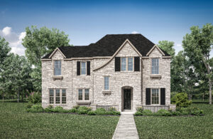 This charming two-story brick house by Drees Custom Homes features black shutters and a dark roof, nestled among lush grass and trees under a clear blue TX sky. A perfect example of the beautiful new homes McKinney has to offer.