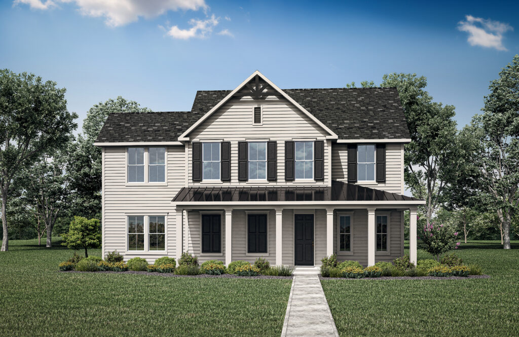 Discover the charm of this two-story house by Drees Custom Homes, featuring beige siding, dark shutters, and a sleek black roof. Nestled in the serene Painted Tree community with lush greenery, it's one of the stunning new homes McKinney offers under a beautiful blue sky.