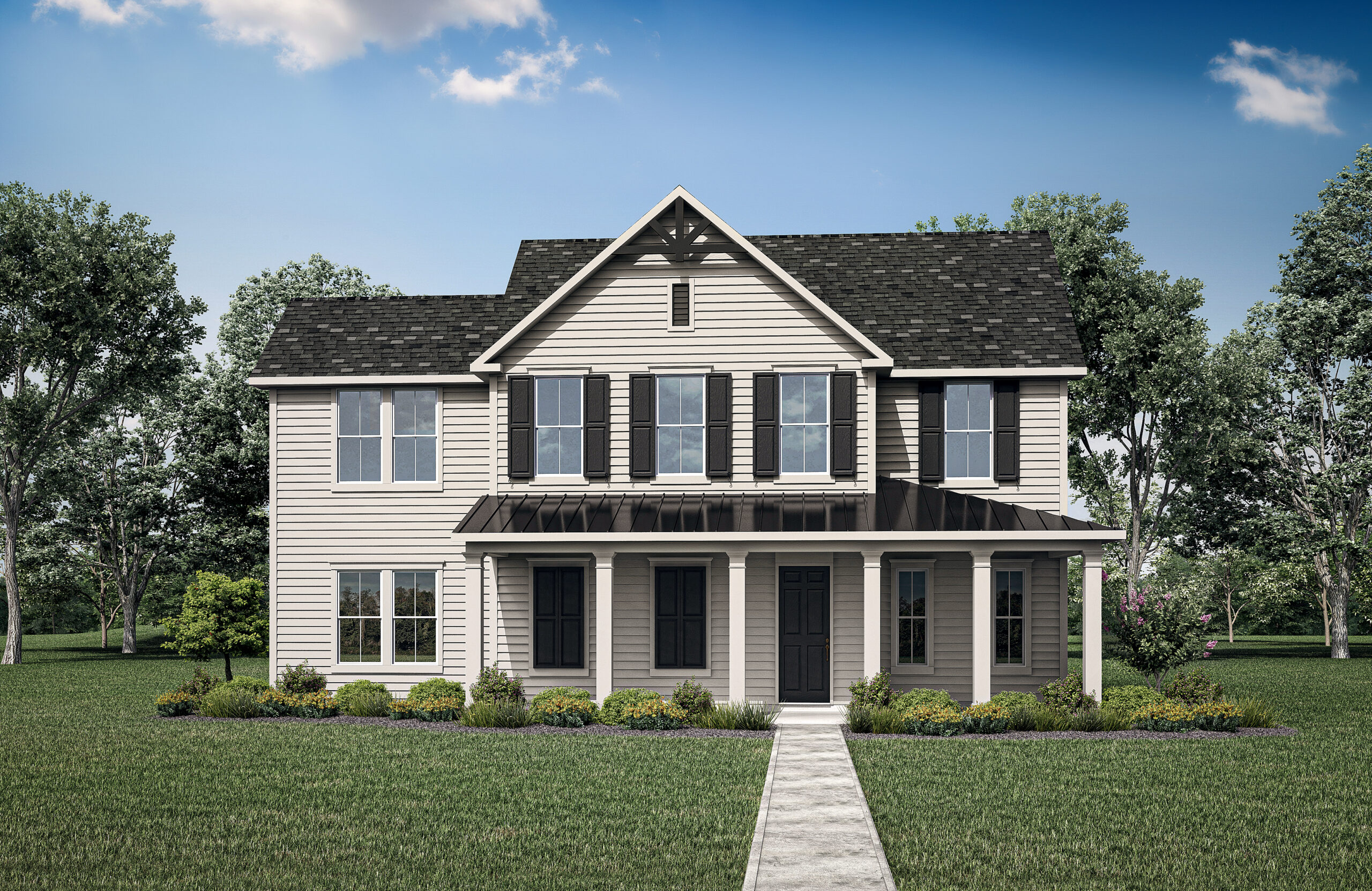 Discover the charm of this two-story house by Drees Custom Homes, featuring beige siding, dark shutters, and a sleek black roof. Nestled in the serene Painted Tree community with lush greenery, it's one of the stunning new homes McKinney offers under a beautiful blue sky.