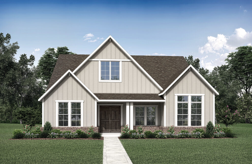 Front view of a modern single-story house by Drees Custom Homes in TX, featuring a gabled roof, brick and siding exterior, large windows, and a manicured lawn—an exquisite example of Painted Tree craftsmanship.