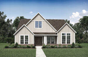 Front view of a modern single-story house by Drees Custom Homes in TX, featuring a gabled roof, brick and siding exterior, large windows, and a manicured lawn—an exquisite example of Painted Tree craftsmanship.