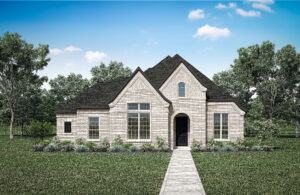 A Drees Custom Homes creation, this brick house in TX boasts a dark roof, large front windows, and a central arched doorway. A concrete path winds through a grassy yard with small shrubs. Painted trees and a blue sky create the perfect backdrop.