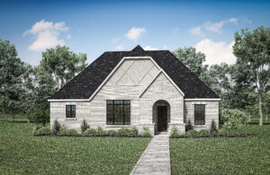 A single-story brick house by Drees Custom Homes, featuring a dark roof, arched doorway, and landscaped front yard under the clear blue Texas sky.